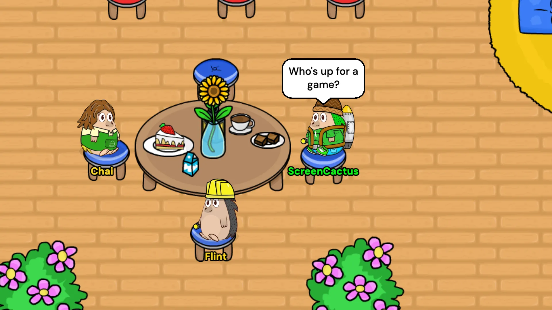 Chai, ScreenCactus and Flint sitting around a table of cake and cocoa in the Cafe, with ScreenCactus asking who's up for a game