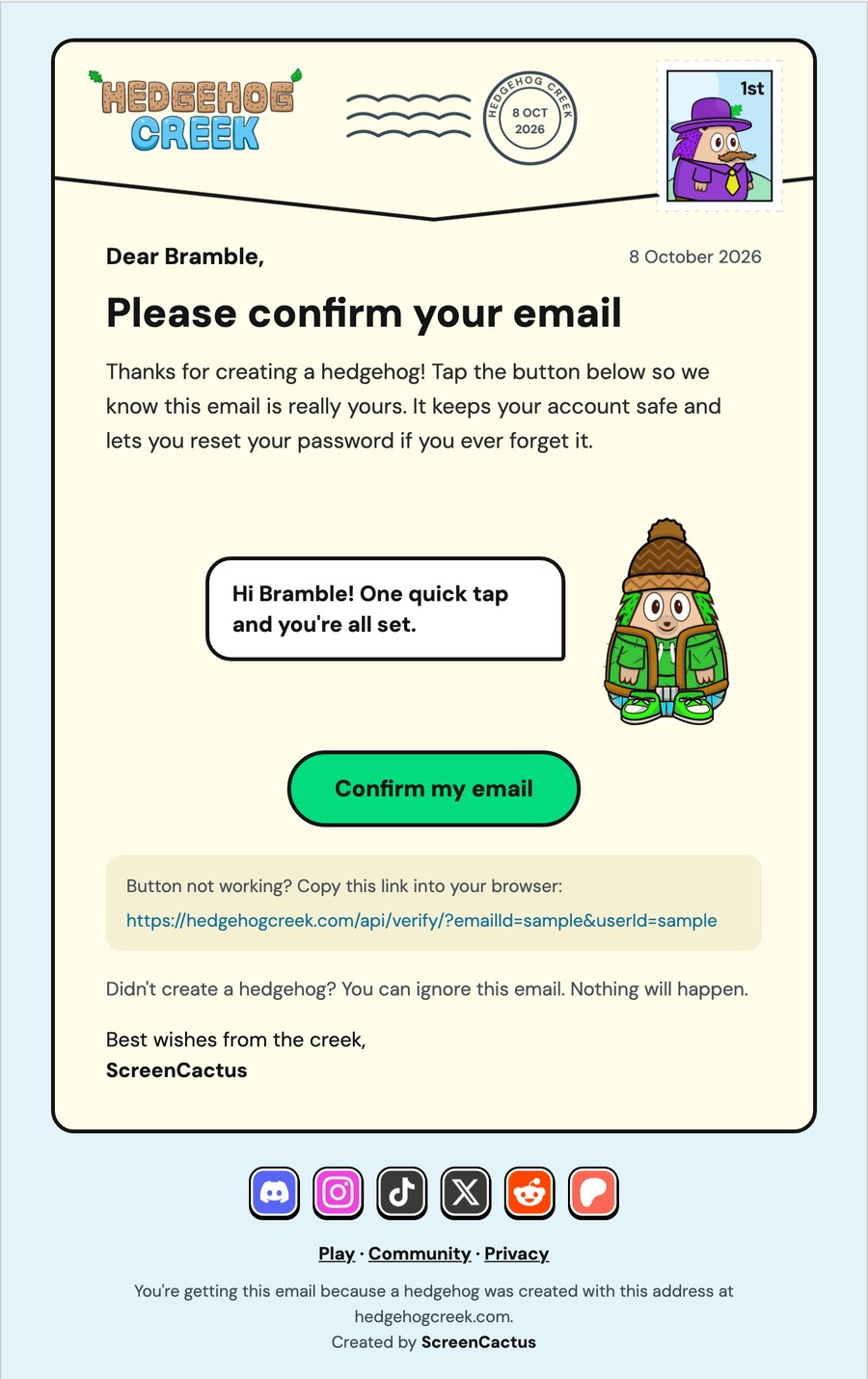 The new confirm your email letter, with a postmark, a Mayor Spike stamp and ScreenCactus waving