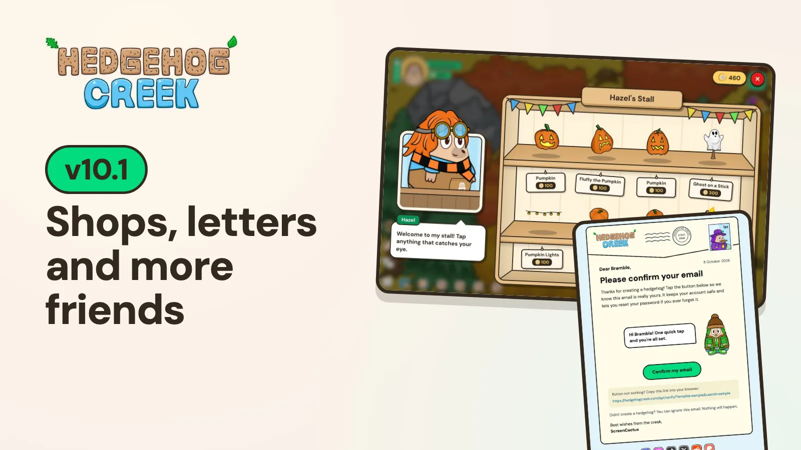 Hazel's redesigned stall in Hedgehog Creek with pumpkins on wooden shelves and paper price tags, next to the new letter style confirm email