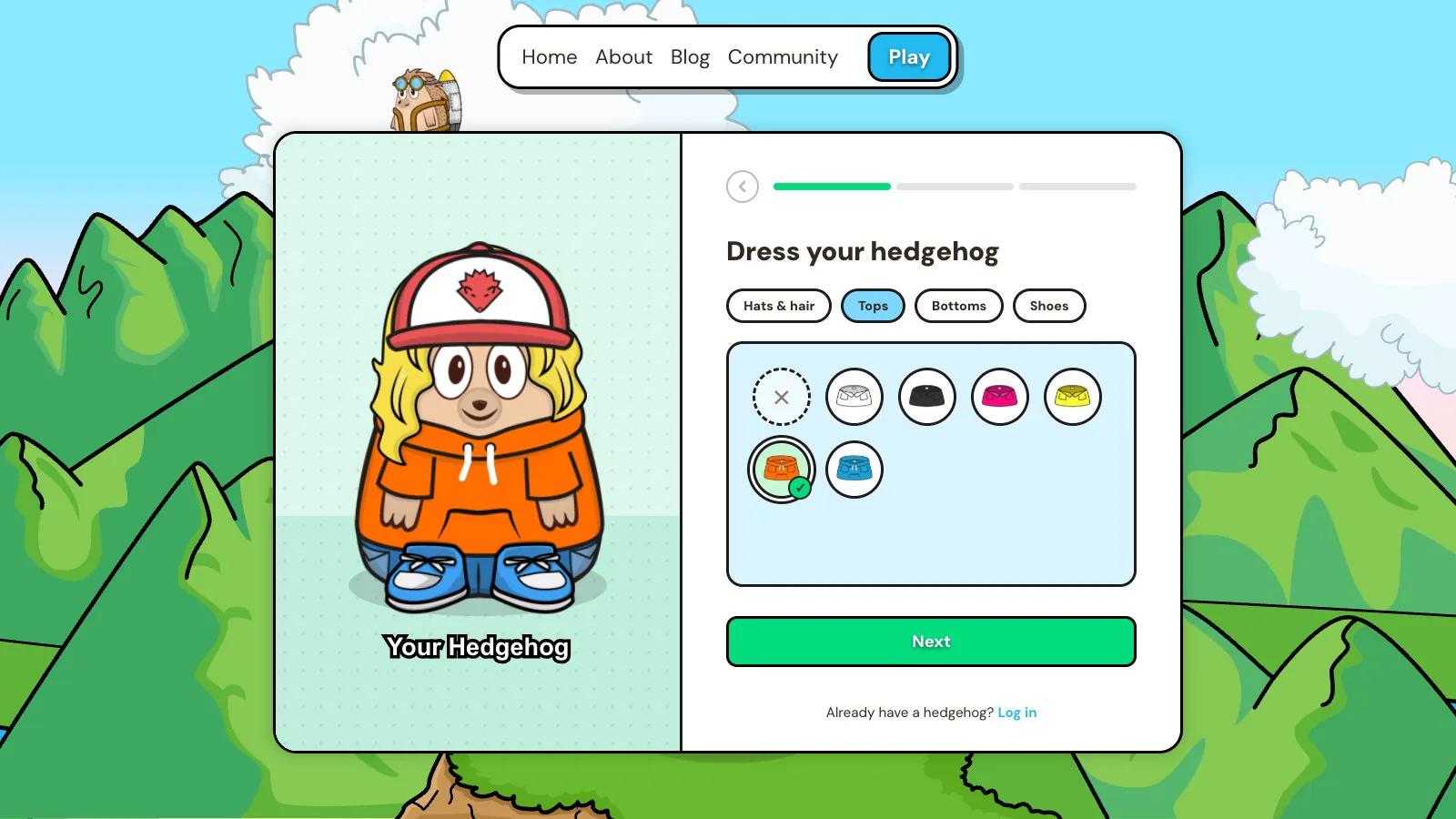 The new sign up page, with a hedgehog wearing a red cap, blonde hair, an orange hoodie and blue trainers beside a choice of tops