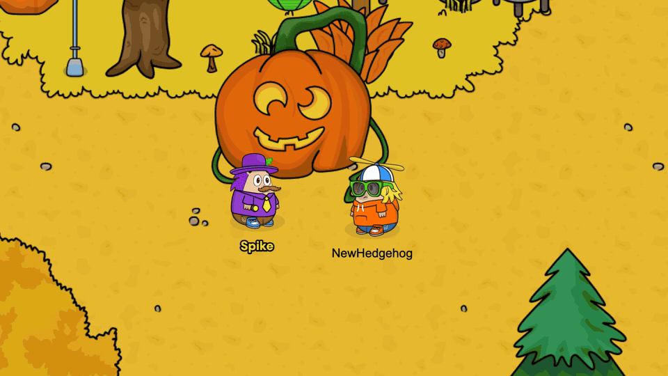 Mayor Spike in his purple outfit types, then says Welcome to Hedgehog Creek to NewHedgehog in an orange hoodie, beside the giant pumpkin in the autumn Village