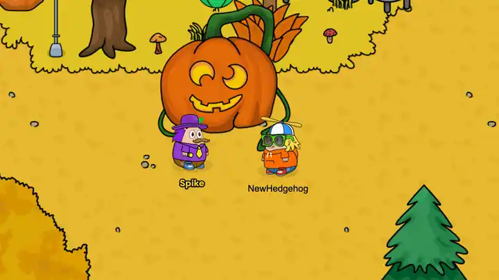 Mayor Spike says Allow me to show you round to a new hedgehog, then the camera glides across the autumn Village to Mr Prickles' stall, Hazel's stall, the Cafe and the Lab before coming back
