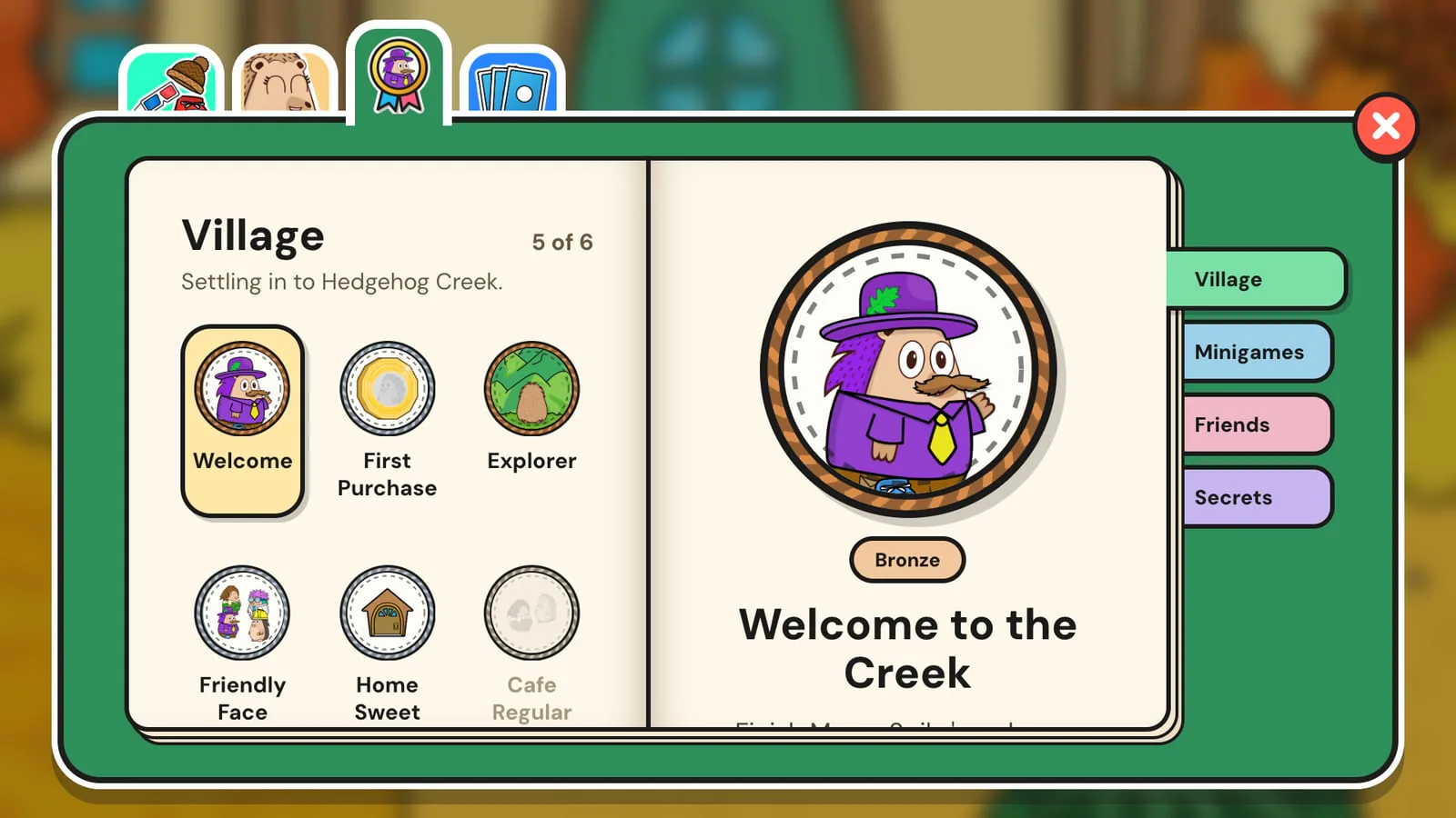 The Badge Book open in the Hedgehog Creek inventory on the Village page, with the Welcome to the Creek badge picked and one badge not earned yet