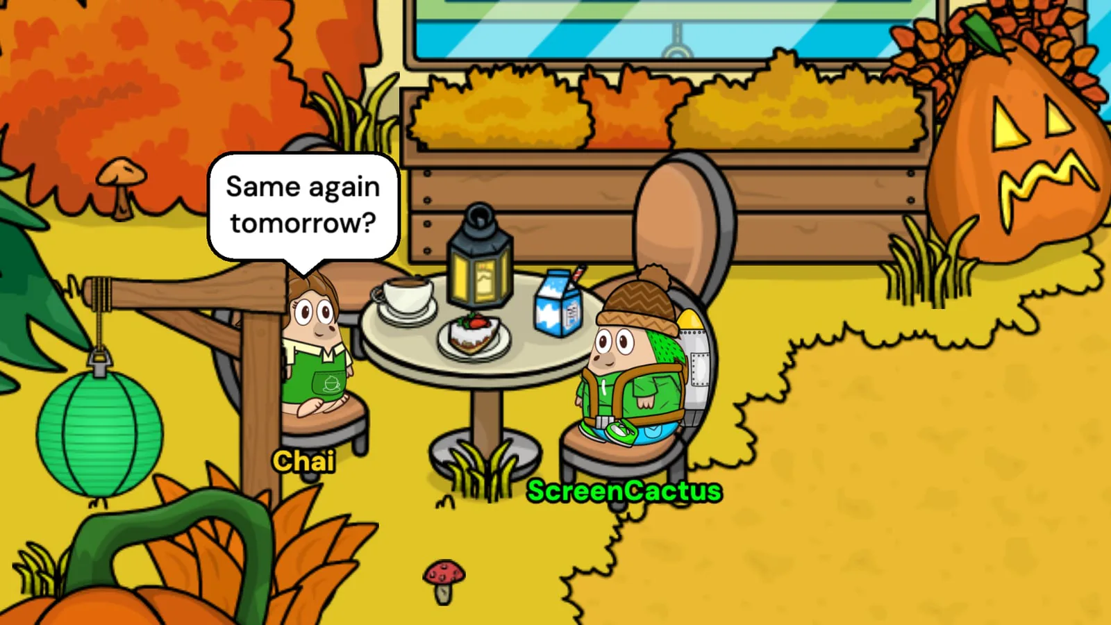 Chai and ScreenCactus sat facing each other at a round table outside the Cafe with a coffee, a slice of cake and a lantern, as Chai asks Same again tomorrow?