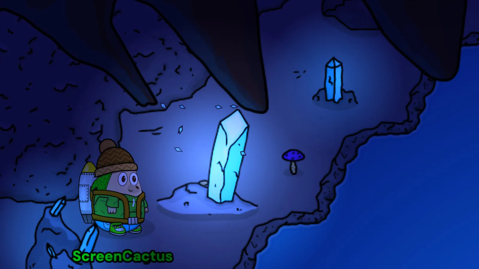A blue crystal in the Cave flashing and giving off small blue sparkles as ScreenCactus stands beside it on the cave floor