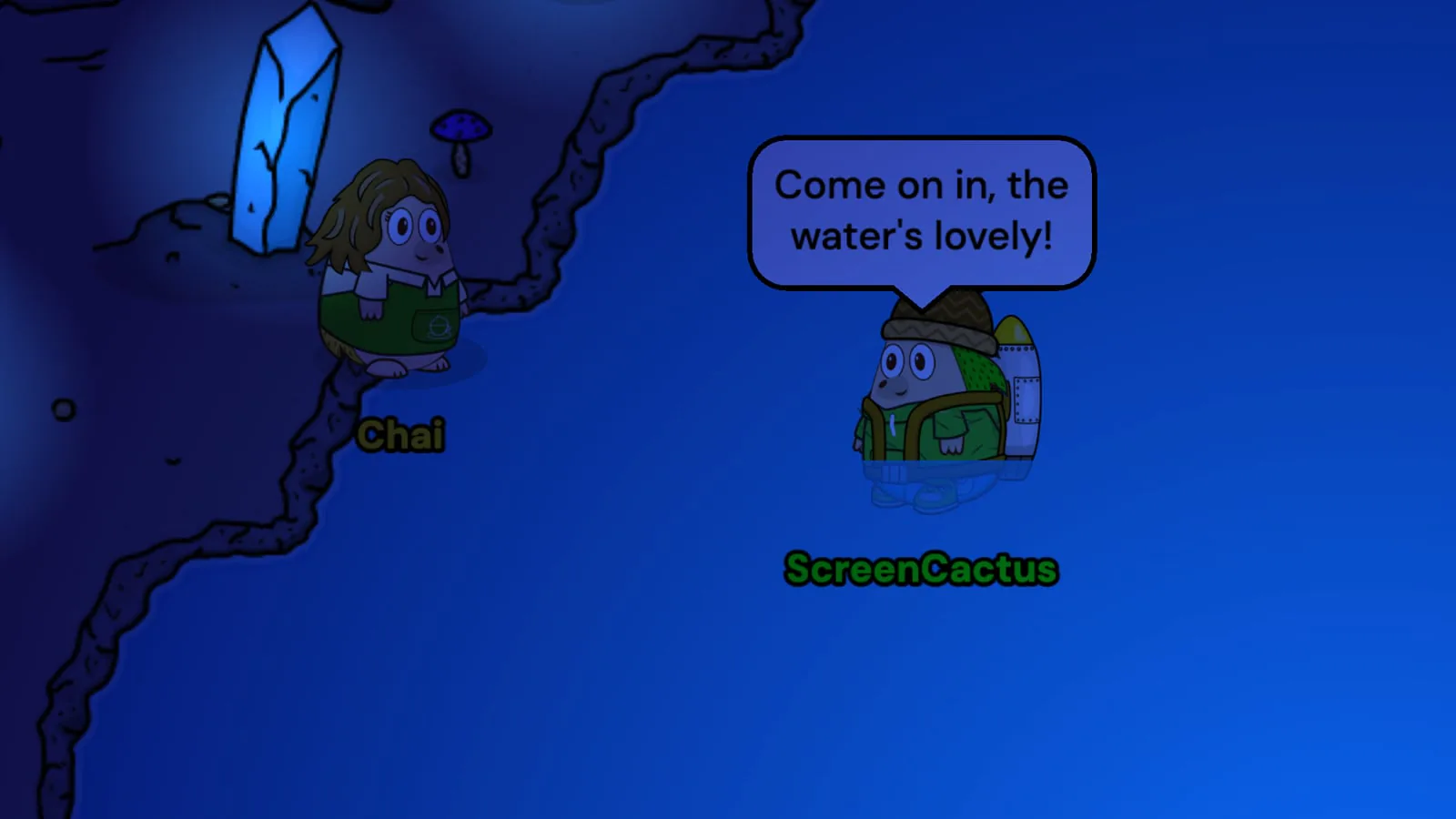 ScreenCactus paddling in the blue Cave lake with the water up over their legs, calling Come on in, the water's lovely! to Chai, who stays dry on the bank by a glowing crystal