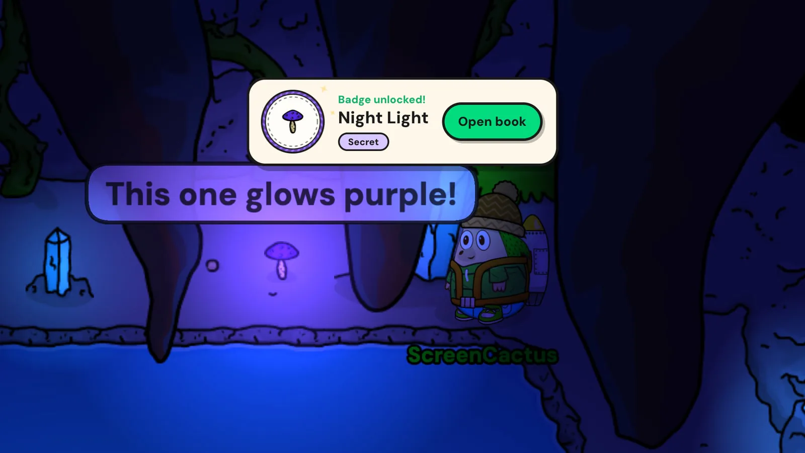 A mushroom glowing purple in the dark Cave next to ScreenCactus, with a Badge unlocked banner for the secret Night Light badge