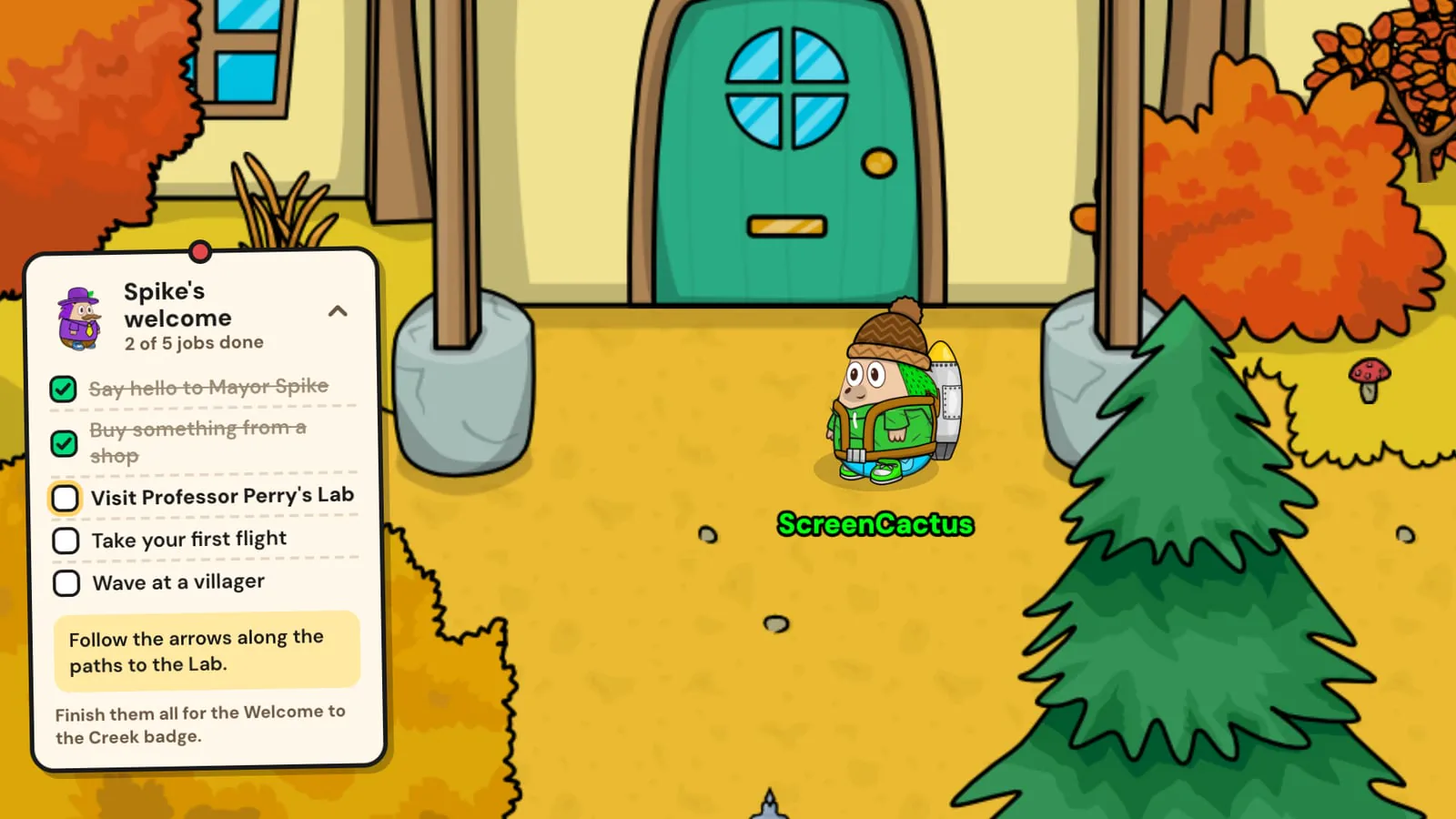 Mayor Spike's welcome note pinned to the side of the screen, with two of five jobs ticked off and Visit Professor Perry's Lab next, while ScreenCactus stands outside the Lab in the autumn Village