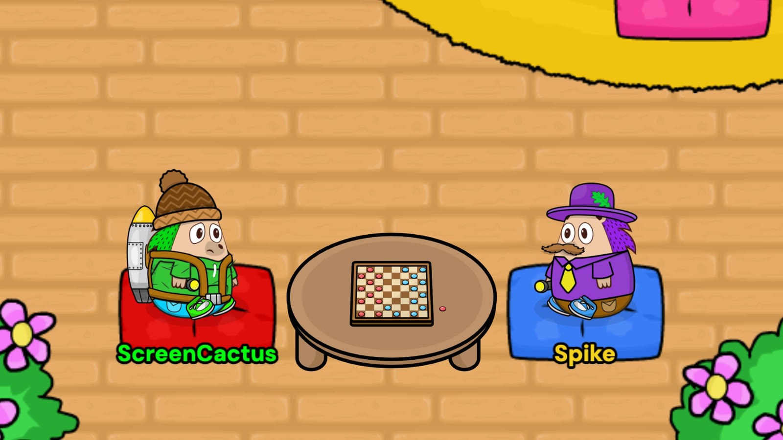 ScreenCactus and Mayor Spike playing draughts on a Hedgehog Creek draughts table