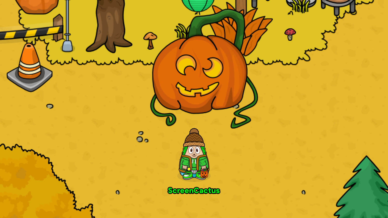 ScreenCactus carrying a pumpkin bucket in front of the giant pumpkin in the Hedgehog Creek village