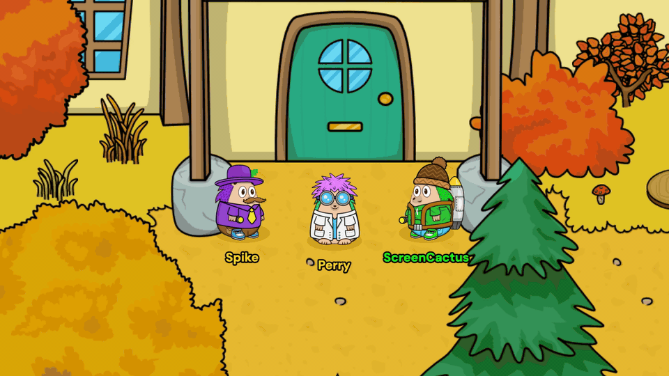 Mayor Spike and ScreenCactus turn to face Professor Perry outside the green door of the new Professor Perry's Lab in autumn Hedgehog Creek