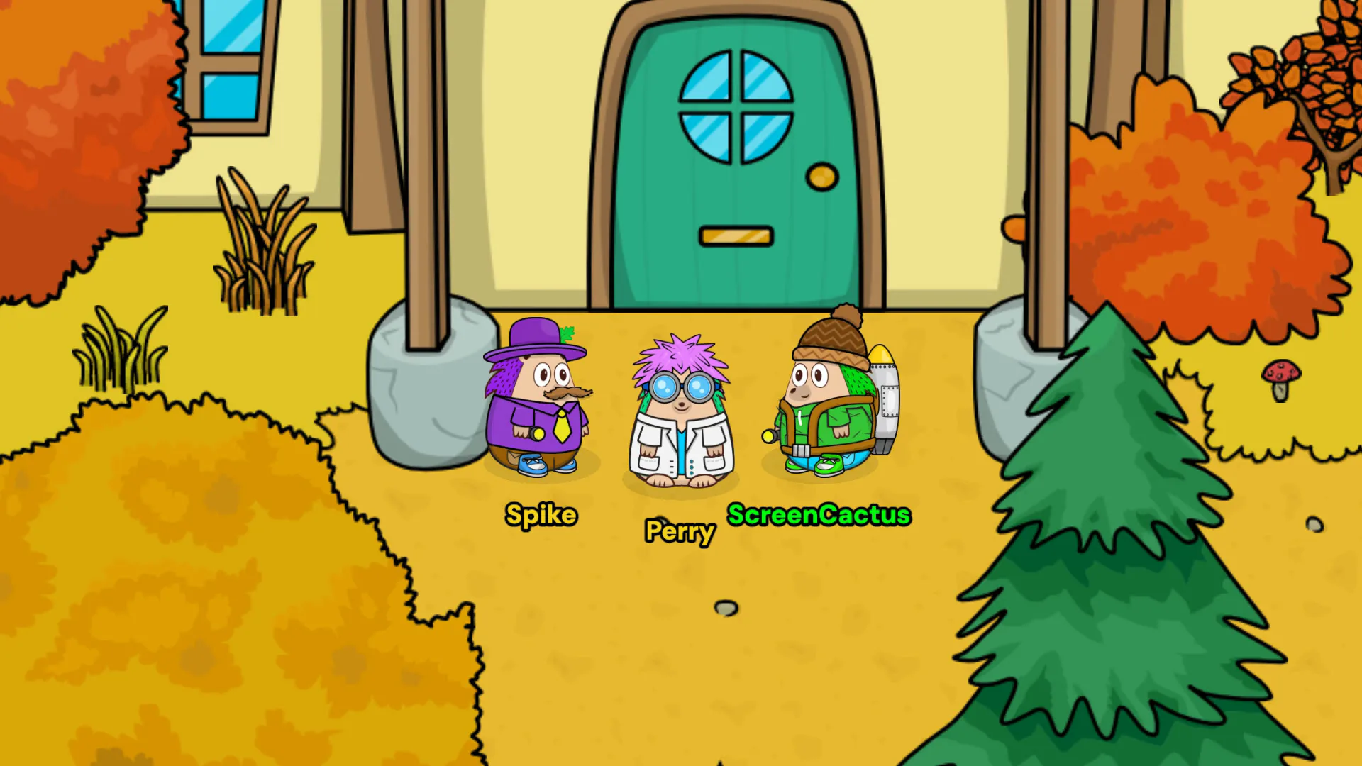 Mayor Spike and ScreenCactus turn to face Professor Perry outside the green door of the new Professor Perry's Lab in autumn Hedgehog Creek