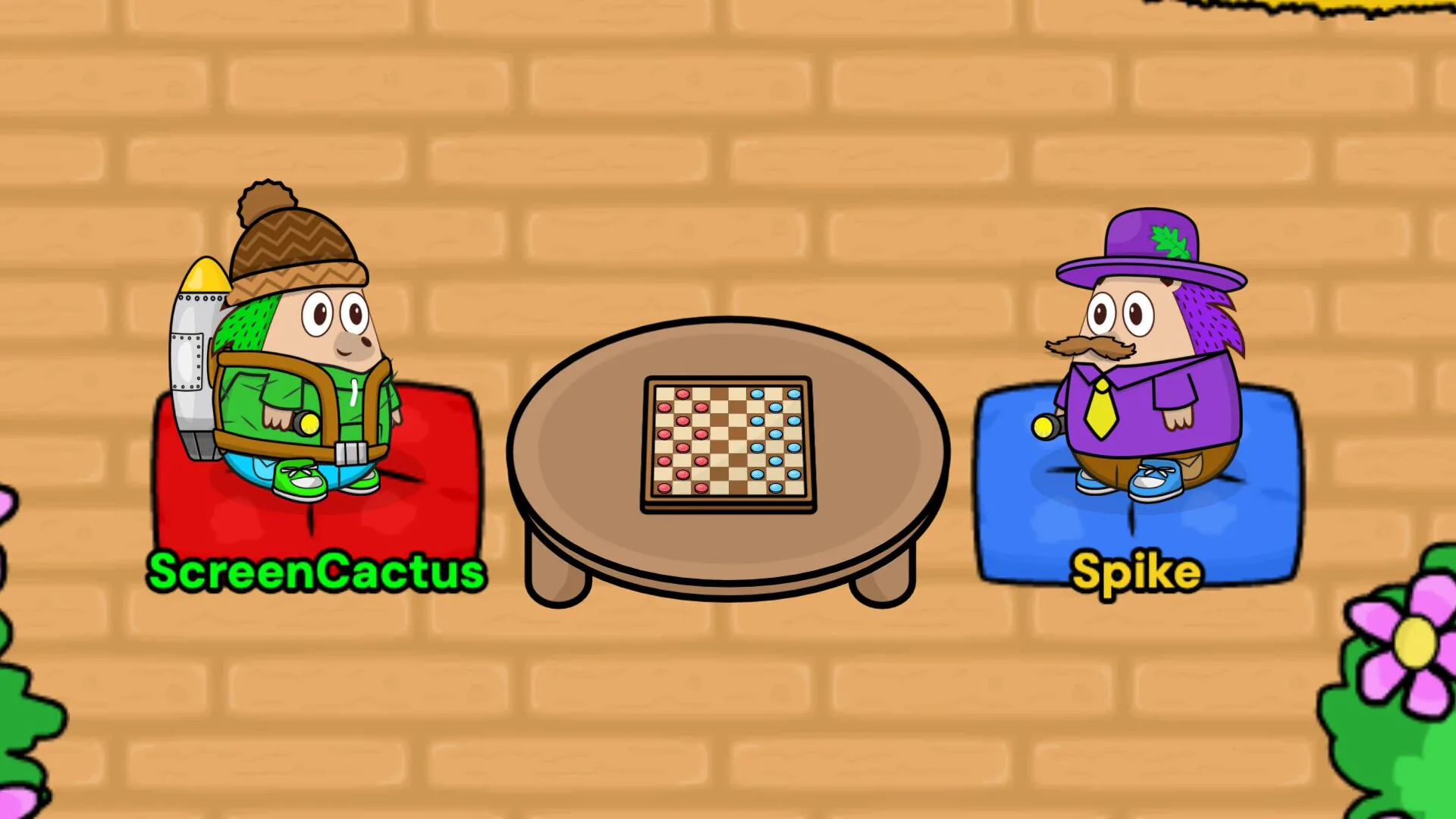 ScreenCactus and Mayor Spike sitting on cushions either side of a draughts board in the Cafe