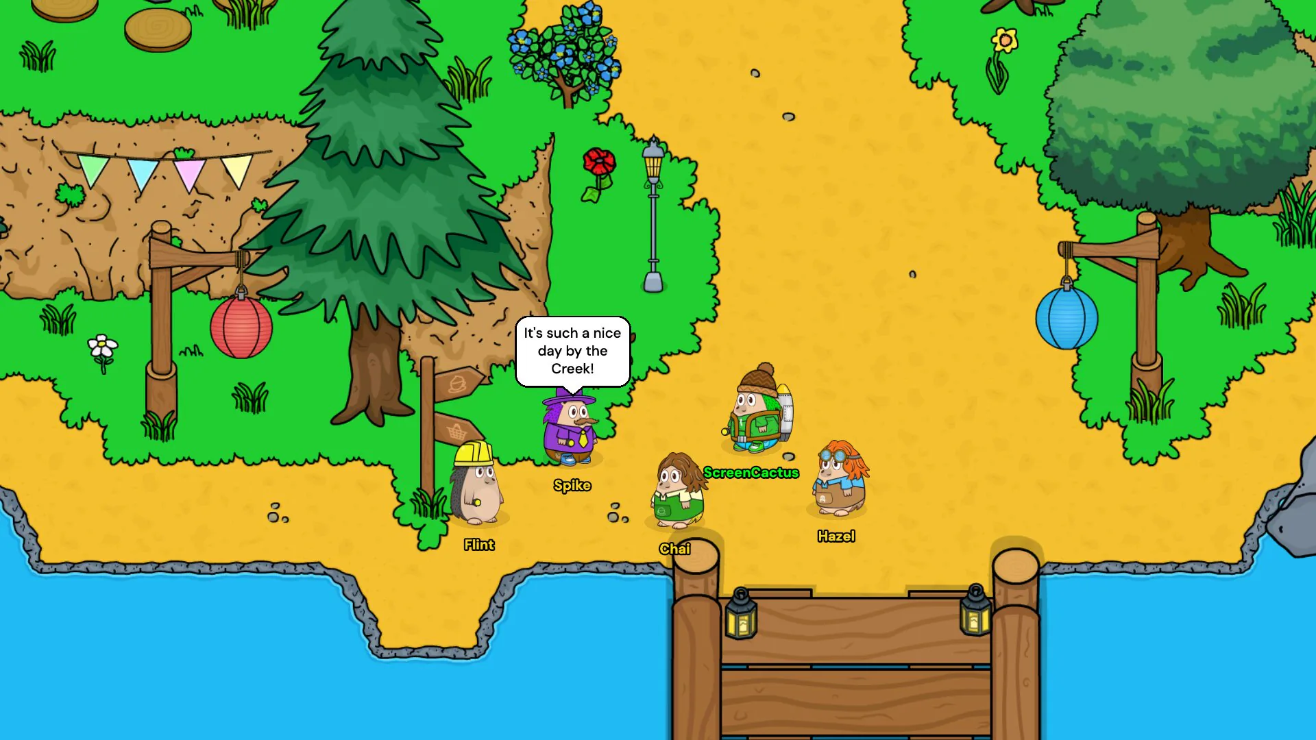 Spike, Flint, Chai, Hazel and ScreenCactus chatting on the sandy creek bank in the spring Village, with Spike saying it's such a nice day by the Creek