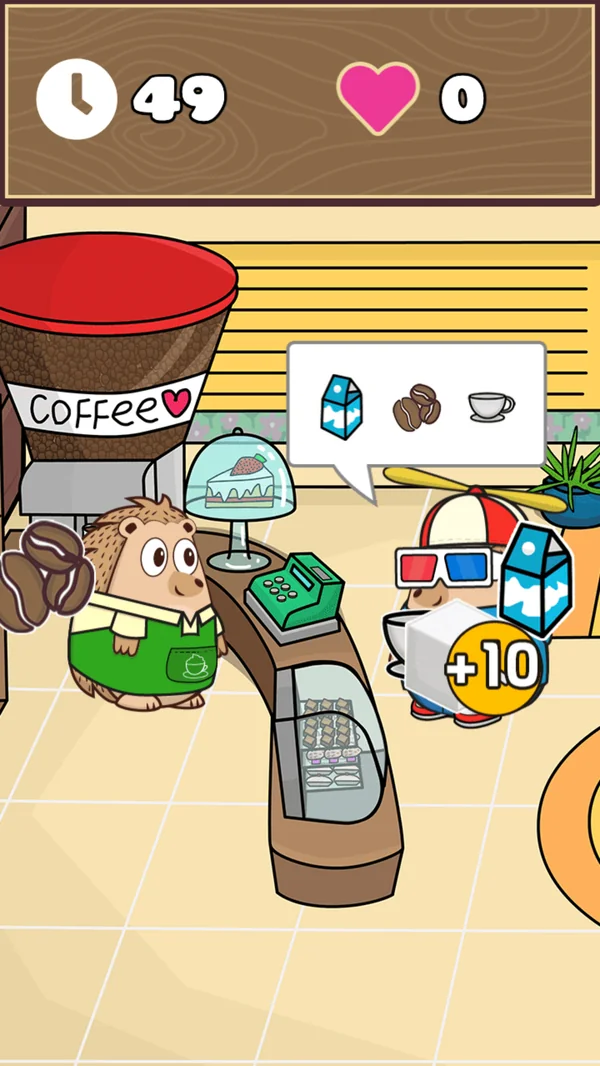 A customer at the café counter ordering milk, coffee beans and a cup while ingredients and a +10 seconds clock fall from the top