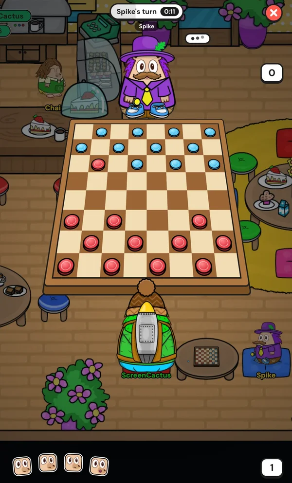 ScreenCactus and Mayor Spike playing draughts at the café table, with the board in the middle and Spike's turn timer at the top