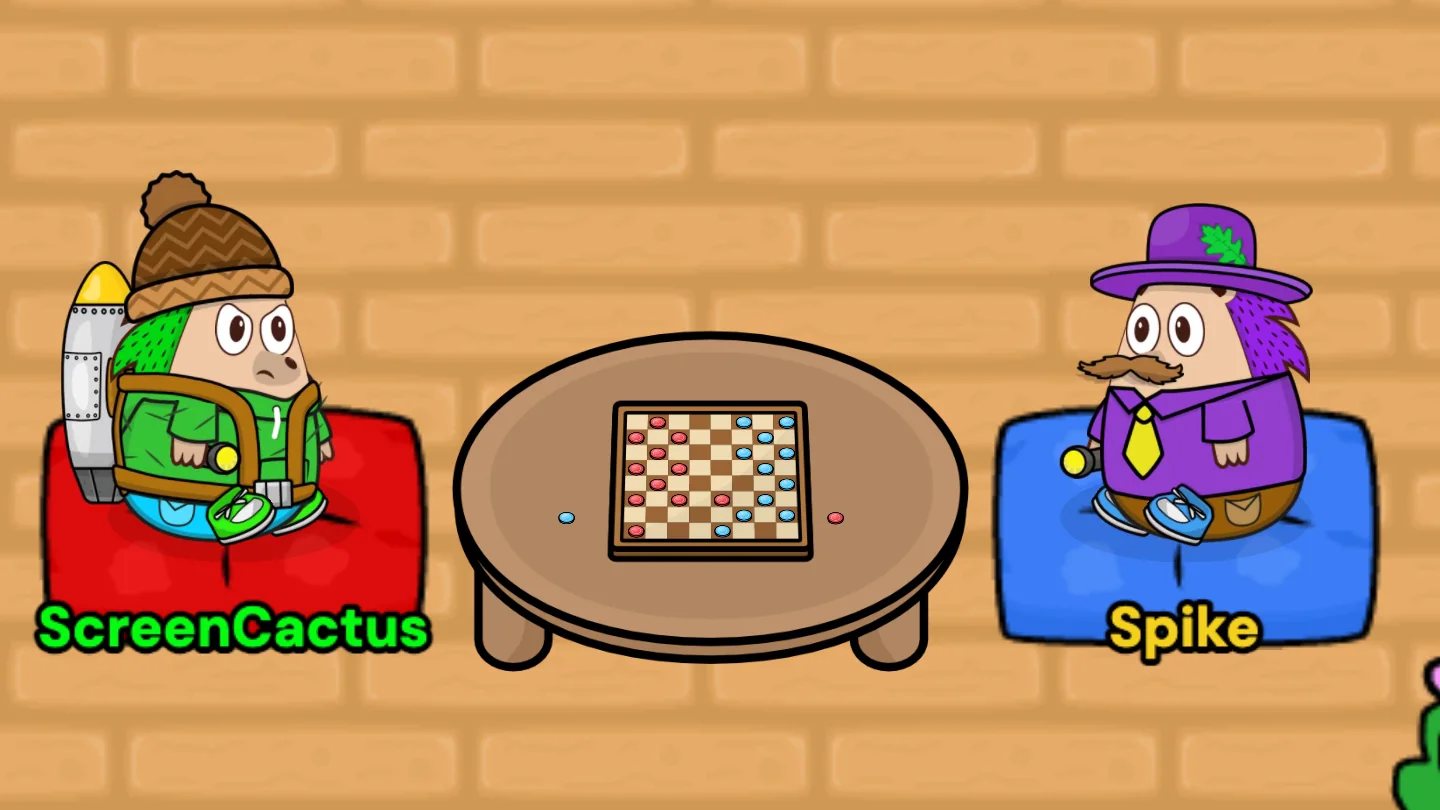 ScreenCactus and Mayor Spike sitting on floor cushions either side of a draughts table, mid-game