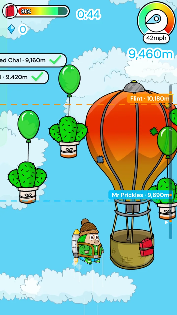 ScreenCactus on a jetpack in the Stratosphere, flying past a hot air balloon and cacti on balloons, with Flint's and Mr Prickles' best heights marked down the side