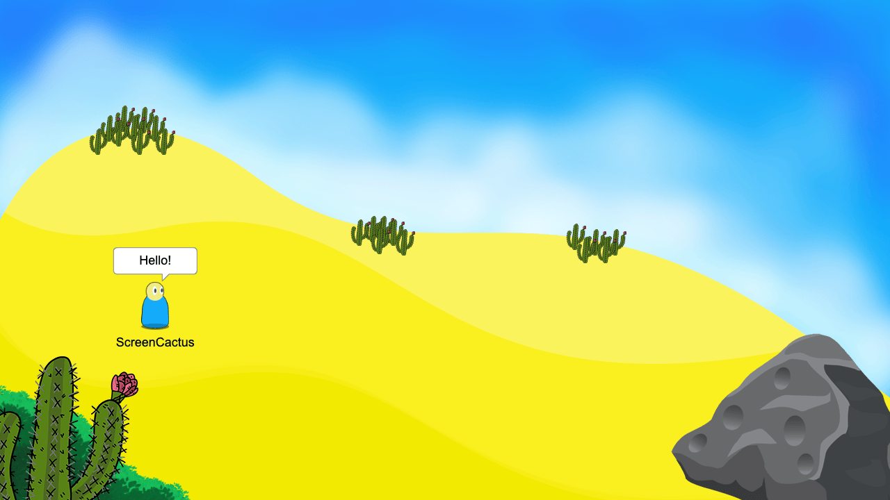 Early Screenshot of Hedgehog Creek Showing Basic Sprite character in a Desert Clip Art Room.