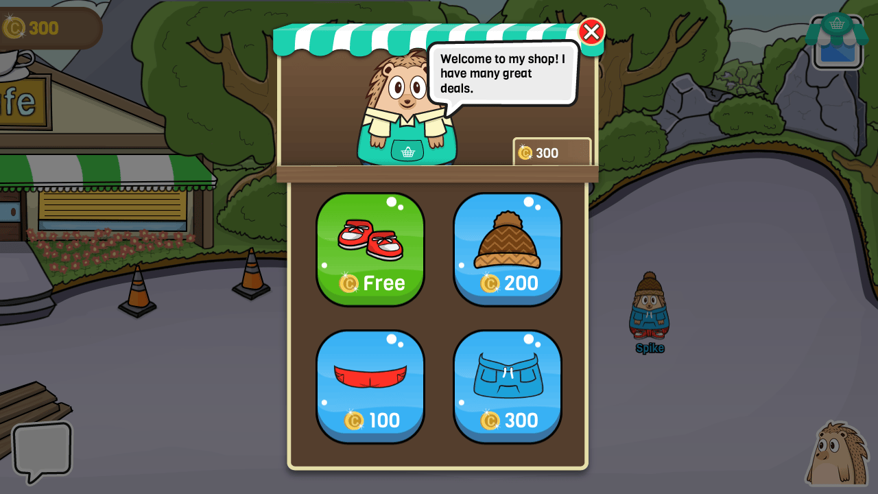 Screenshot of the in-game shop with a shop keeper hedgehog and four items for sale. Red Trainers, Brown Bobble Hat, Red Trousers and the Light Blue Hoodie.